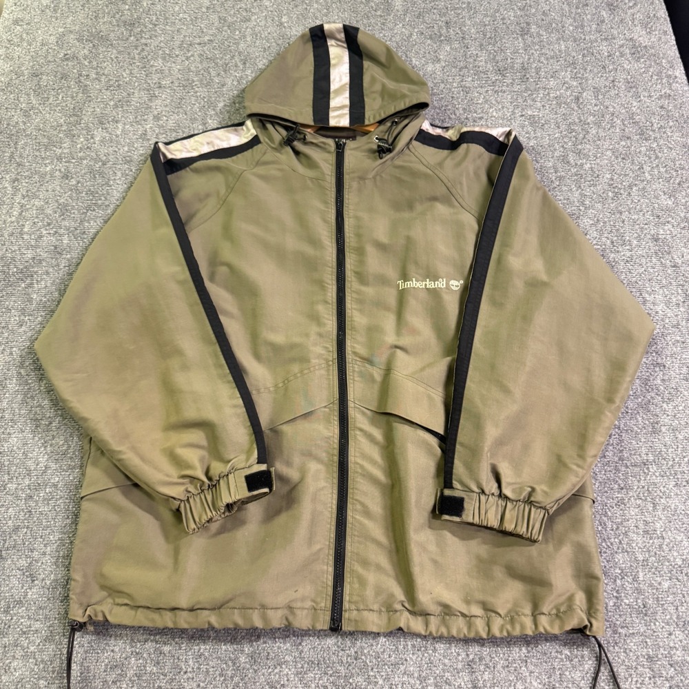 VTG Timberland Jacket Mens XL Olive Green Full-zip Hooded Reflective 90s Y2K